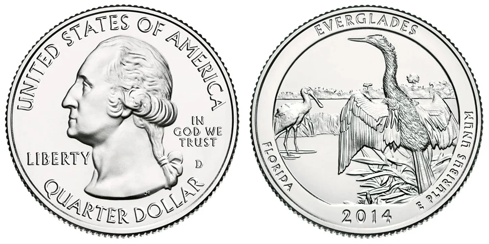 Side-by-side comparison of 2014-D Everglades quarter in lower circulated grade versus gem uncirculated condition