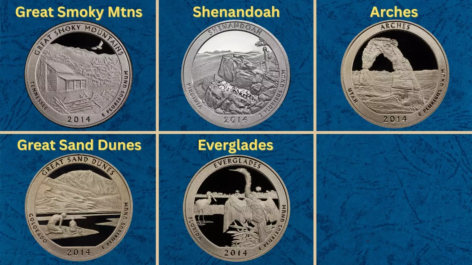 Group shot of all five 2014 America the Beautiful quarter designs reverse side up