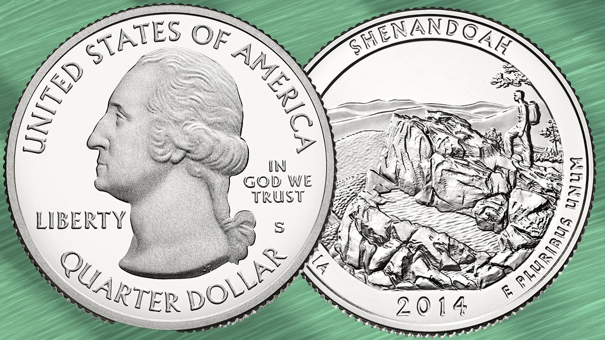 Grading strip of four 2014 quarter examples ranging from worn circulated to gem uncirculated condition